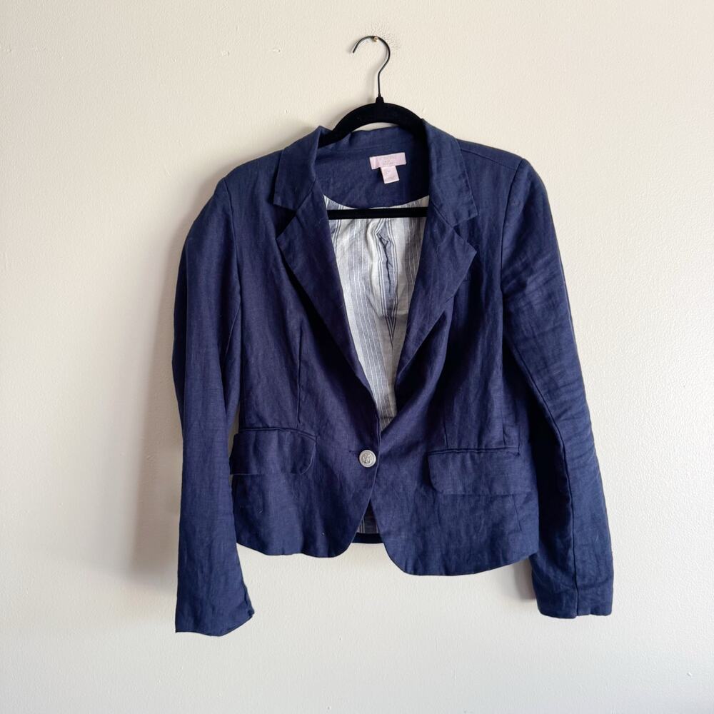 St. Tropez West Blue Single Button Linen Blazer Small